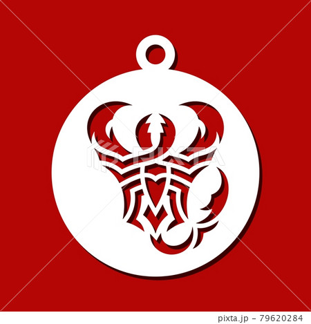 Round pendant with an abstract scorpion. Hanging jewelry or Christmas ball. Template for plotter laser cutting of paper, metal engraving, wood carving, plywood, cnc. Vector illustration. Round pendant with an abstract scorpion. Hanging jewelry or Christmas ball. Template for plotter laser cutting of paper, metal engraving, wood carving, plywood, cnc. Vector illustration. 79620284
