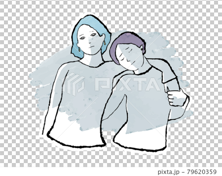 水彩人物イラスト）悲しい表情のレズビアンカップル　差別　同性愛者　女性　フェミニズム　シスターフッド 79620359