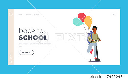 Back to School Landing Page Template. Little Schoolboy with Backpack and Balloons Riding Scooter. Cheerful Student 79620974