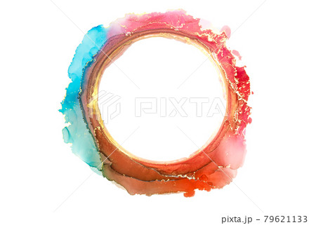 Abstract blue, red and gold watercolor circle, ink brush strokes isolated on white, creative illustration, fashion background, logo 79621133