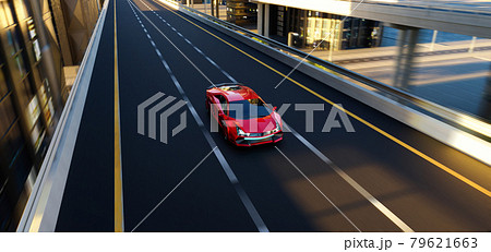 Unbrand red sport car driving fast on the high speed overpass road 79621663