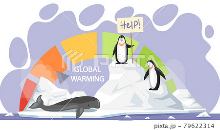Scale with indicator of global warming on planet Earth. Penguins and whale during climate change 79622314