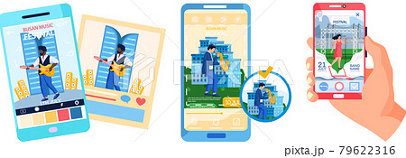 Open air concert in outdoor summer music festival in South Korean city Busan announcement banner set 79622316