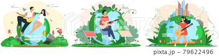 Musicians on background of planet. Set of illustrations about people singing songs about ecosystem 79622496