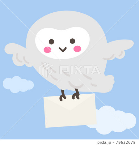Snowy owl sends letter on a blue sky and white clouds background. Flat vector illustration. 79622678