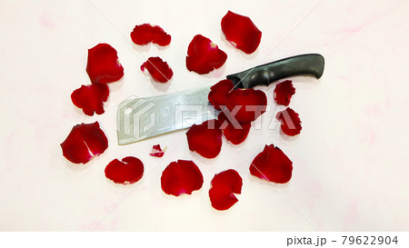 A butcher knife with black handle, surrounded by red rose petals. Top view, flat lay. A butcher knife with black handle, surrounded by red rose petals. Top view, flat lay. 79622904
