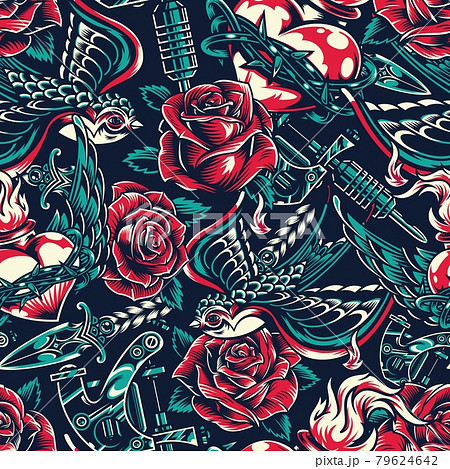 Vintage colorful tattoos seamless pattern Vintage colorful tattoos seamless pattern 79624642