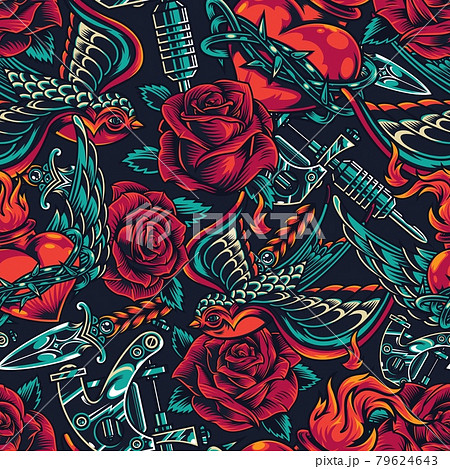 Vintage flash tattoos designs seamless pattern Vintage flash tattoos designs seamless pattern 79624643