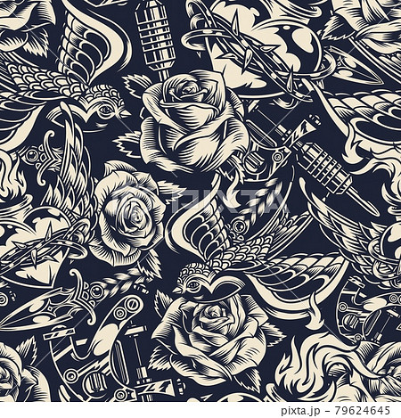 Vintage monochrome tattoos seamless pattern 79624645