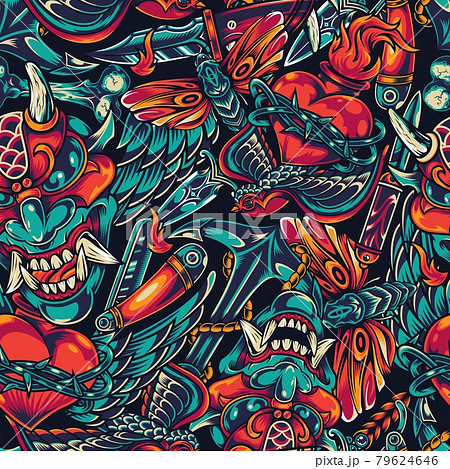Vintage tattoos colorful seamless pattern 79624646