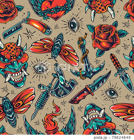 Vintage colorful tattoos seamless pattern Vintage colorful tattoos seamless pattern 79624649