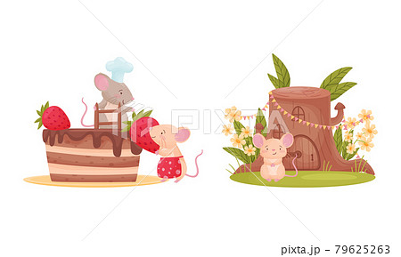 Pair of Cute Mice Decorating Cake with Strawberry and Sitting Near Stump House Vector Set 79625263