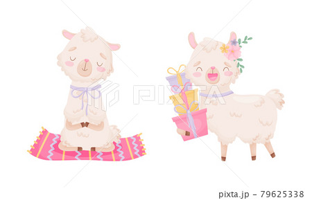 Cute Llama or Alpaca Sitting in Yoga Pose and Carrying Gift Boxes Vector Set 79625338