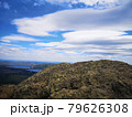 A large stone on the background of mountains with trees 79626308