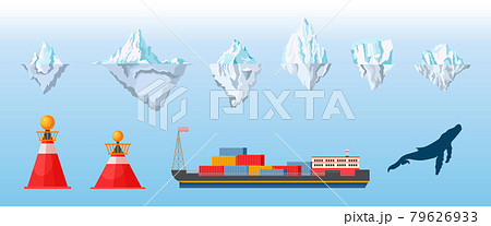 Icebergs, Ship with Metal Containers, Signaling Buoys and Whale Design Elements for Infographics, Isolated Ice Caps Icebergs, Ship with Metal Containers, Signaling Buoys and Whale Design Elements for Infographics, Isolated Ice Caps 79626933