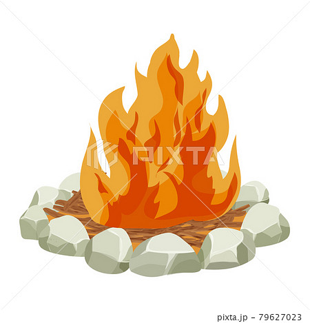 Fireplace, fire with wooden tree sticks,twigs and stones in cartoon style isolated on white background. Outdoor activity, campfire. Fireplace, fire with wooden tree sticks,twigs and stones in cartoon style isolated on white background. Outdoor activity, campfire. 79627023