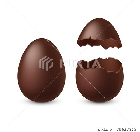Chocolate chicken egg. Dessert in shape of whole and broken spheres. Realistic confectionery. Tasty gift for children. Sweet food set. Vector kids delicious hollow snack with surprise 79627855