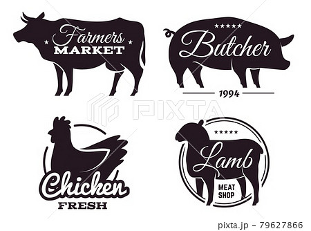 Butchery shop labels with domestic animals silhouettes. Meat store emblems design template. Selling beef and pork, chicken and lamb products. Vector farmers food market black banners set 79627866