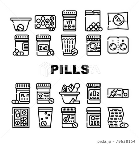 Pills Medicaments Collection Icons Set Vector Illustration 79628154