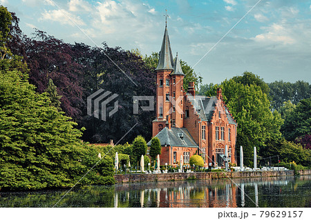 Kasteel Minnewater restaurant on Minnewater lake in Bruges, Belgium 79629157