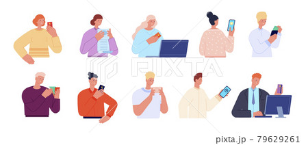 People with payments. Gift cards, person pays plastic card or smartphone. Mobile pay, customer holding bill or check utter vector characters 79629261