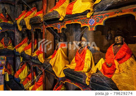 Lama statues in library of Thiksey Gompa Tibetan Buddhist Monastery. Ladakh, India 79629274