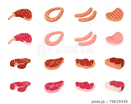 Fried meat. Flat cooking beef, fresh raw sirloin and bbq steak on dinner. Pork steaks and sausages, delicious meats food recent vector icons 79629436