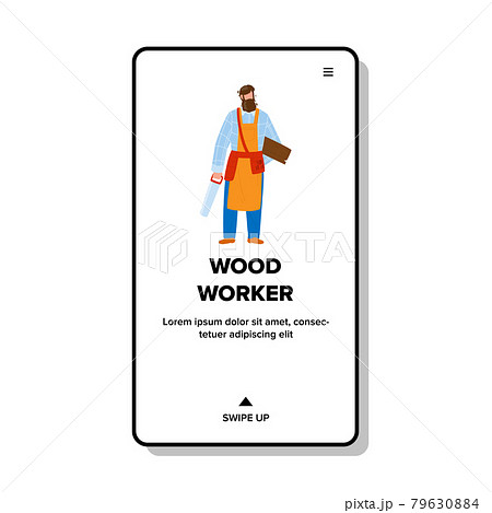 Wood Worker Man Stay With Saw And Board Vector Wood Worker Man Stay With Saw And Board Vector 79630884