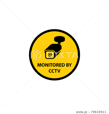 Round yellow sticker with warning about control of premises or area by cctv. Round yellow sticker with warning about control of premises or area by cctv. 79630911