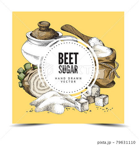 Poster with beet sugar - beetroot, cubes refined sugar, full sack and sugar bowl 79631110