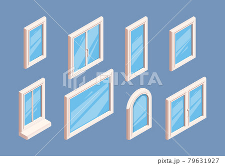 Window isometric. Industrial aluminium white frames for glasses room indoor window corners garish vector 3d templates collection 79631927