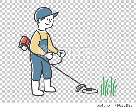 刈り払い機で雑草を除去する若い男性 79631983