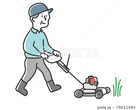 草刈機モアで除草作業をする年配の男性のイラスト素材