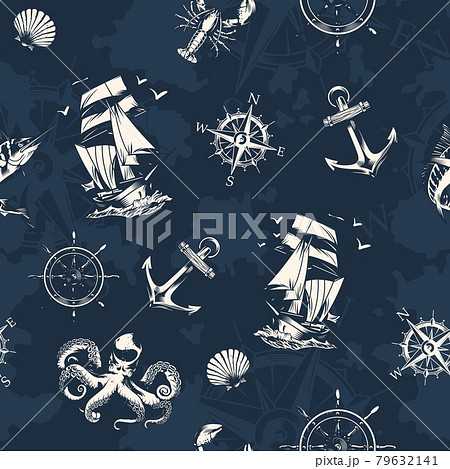 Vintage sea and nautical seamless pattern Vintage sea and nautical seamless pattern 79632141