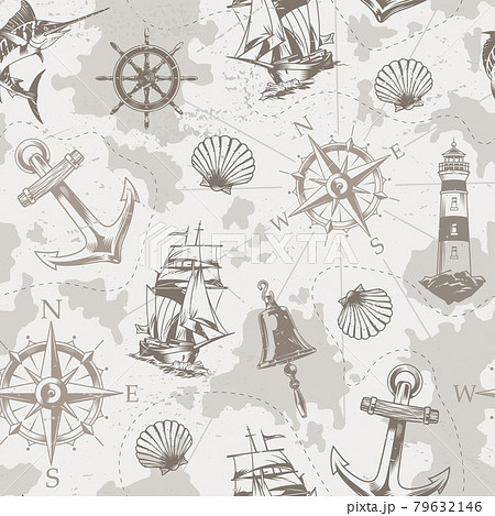 Vintage sea and marine seamless pattern 79632146