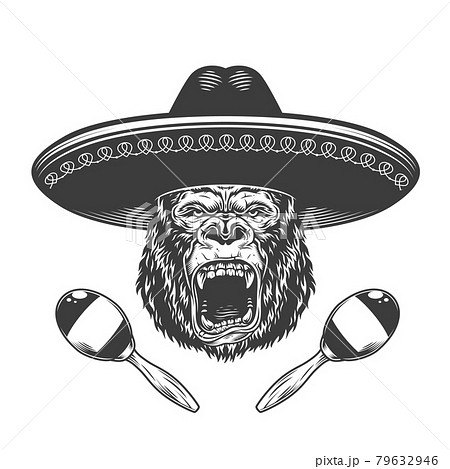 Angry gorilla head in sombrero hat 79632946
