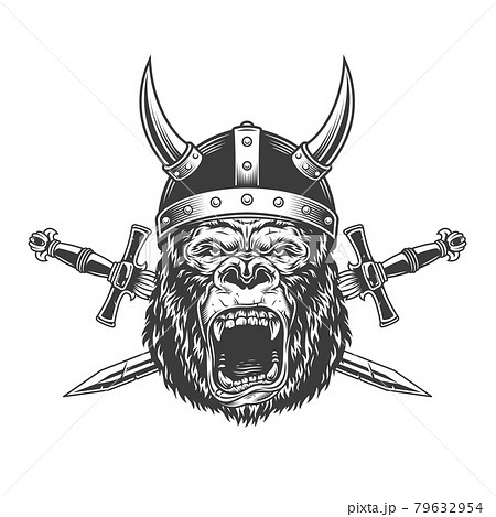 Angry gorilla head in horned viking helmet 79632954