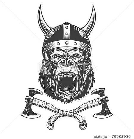 Ferocious gorilla head in viking helmet 79632956