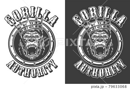 Vintage Ferocious Gorilla King Round Emblemのイラスト素材