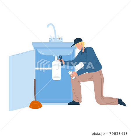 Plumber In Working Overall Fixing Sink Vector Plumber In Working Overall Fixing Sink Vector 79633413