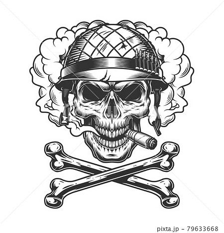 Vintage monochrome skull wearing soldier helmet 79633668