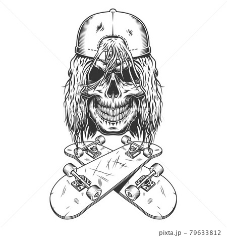 Vintage monochrome skateboarder skull in capのイラスト素材 [79633812] - PIXTA