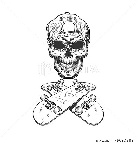 Vintage monochrome skateboarder skull in capのイラスト素材 [79633888] - PIXTA