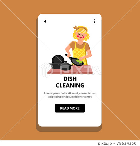 Dish Cleaning Young Housewife On Kitchen Vector Dish Cleaning Young Housewife On Kitchen Vector 79634350