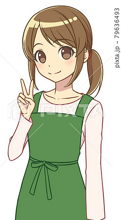 ピースをするエプロンの女性のイラスト素材