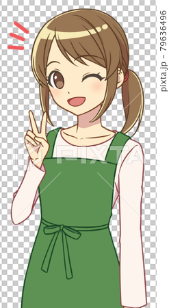 ピースをするエプロンの女性 79636496