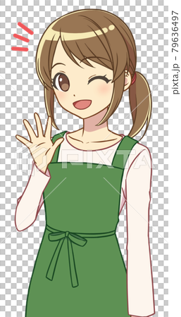 手を上げるエプロンの女性 79636497