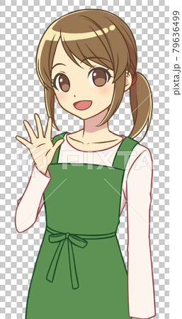 Woman in an apron raising her hand Woman in an apron raising her hand 79636499