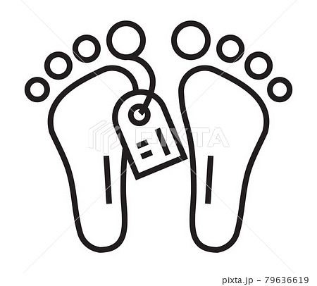 Morgue icon in thin line style. Bare feet with a tag. A dead man is lying 79636619