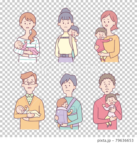 赤ちゃんを抱っこ・おんぶする女性と男性　悲しい　セット 79636653